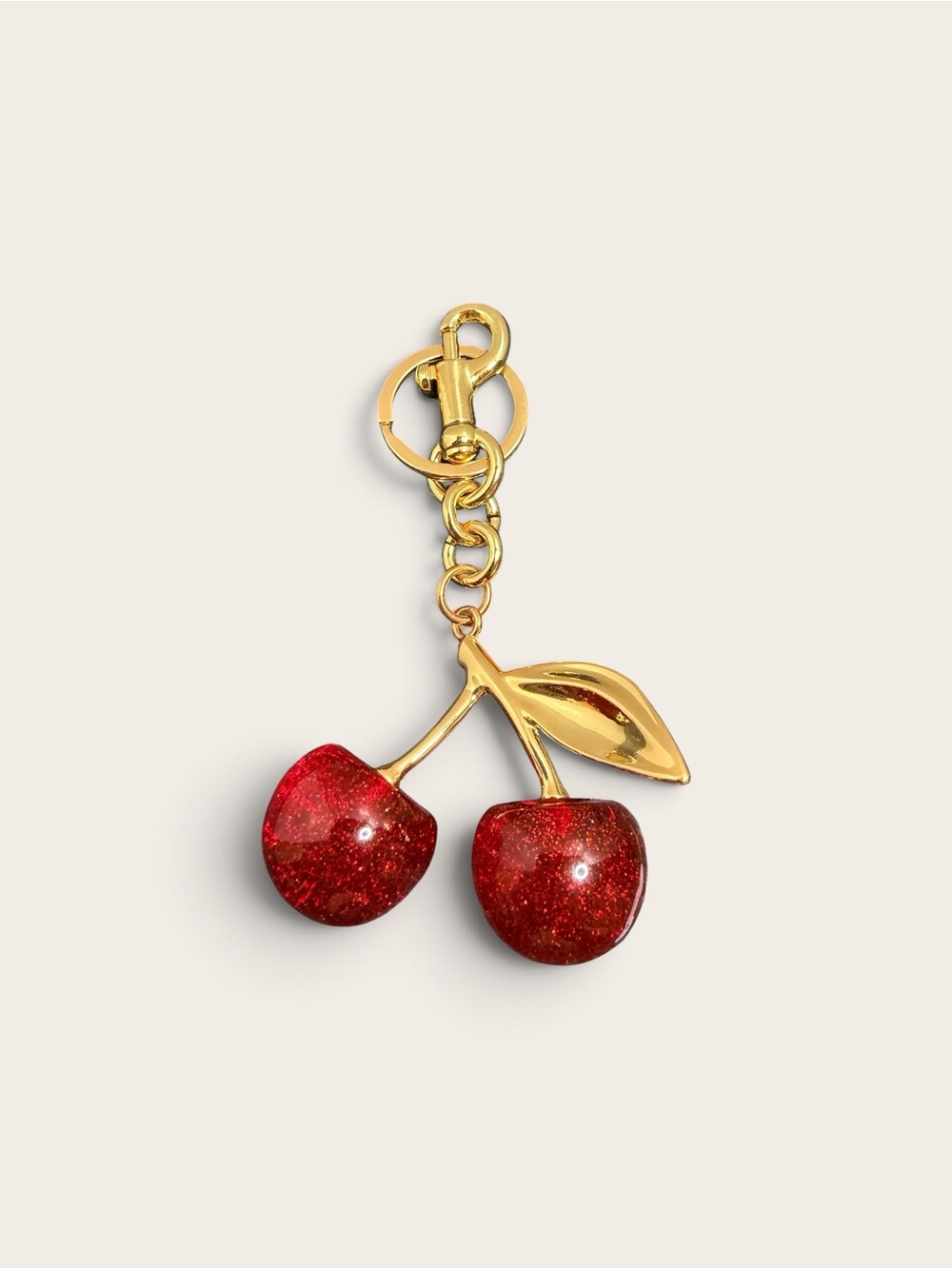 Gold-Tone Cherry Keychain Charm in Red Glitter